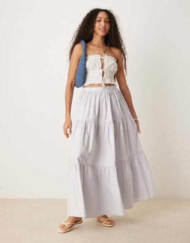ASOS DESIGN tiered boho maxi skirt in washed blue