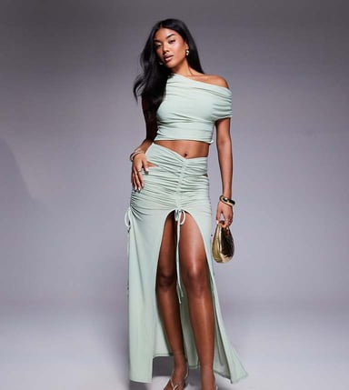 ASOS x THE SOURCED COLLECTION ruched maxi skirt co-ord in sage