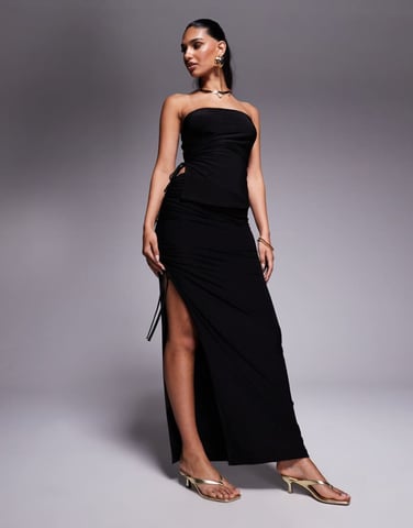 Kaiia exclusive double layered slinky tie side thigh split maxi skirt co-ord in black