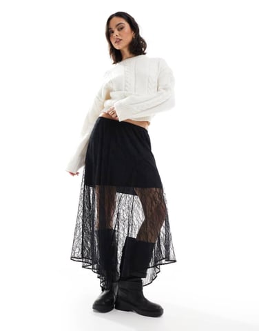ASOS DESIGN asymmetric lace overlay midi skirt in black