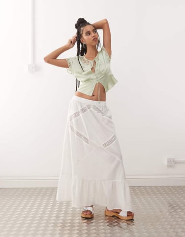 COLLUSION western broidery maxi skirt in white