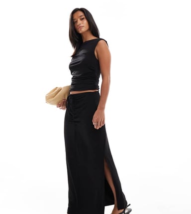 Vero Moda Petite slinky ruched front maxi skirt co-ord in black