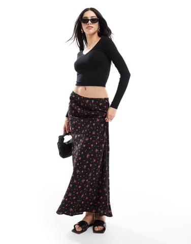 Miss Selfridge spun bias maxi skirt in black heart print