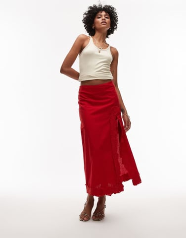 Topshop floral cutwork midi skirt with split in red