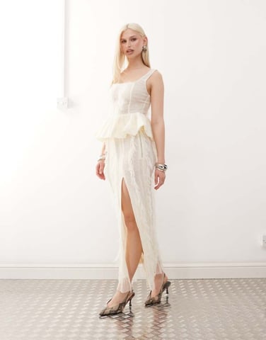 Amy Lynn Calla textured side split maxi skirt co-ord in ivory