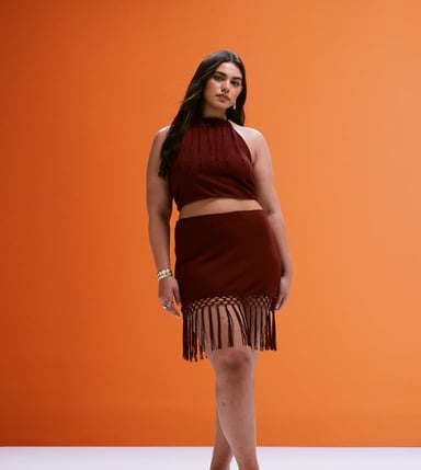 ASOS DESIGN Curve co-ord fringed hem mini skirt in rust