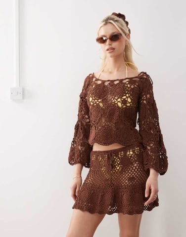 Reclaimed Vintage Limited Edition hand crochet mini skirt in chocolate brown co-ord