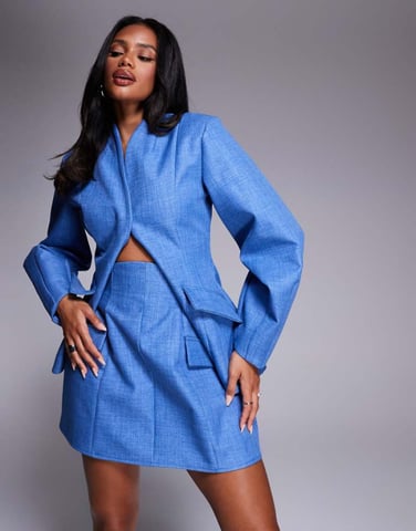ASOS LUXE structured linen sculpted mini skirt co-ord in chambray blue