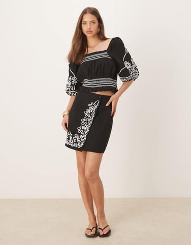 YAS contrast cornelli embroidered mini skirt co-ord in black