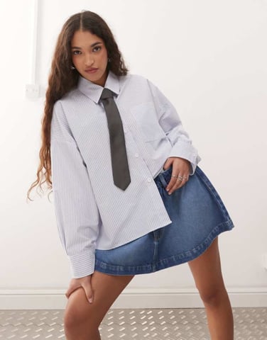 ASOS DESIGN gathered denim micro skirt in mid blue
