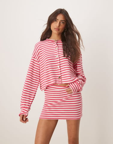 ASOS DESIGN knitted mini skirt co-ord in dark pink stripe