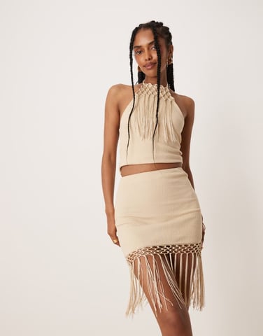 ASOS DESIGN co-ord fringed hem mini skirt in stone