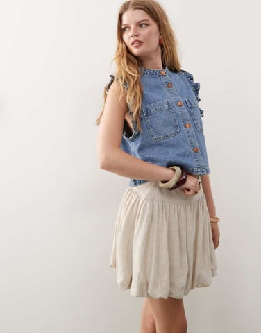 Reclaimed Vintage puffball mini skirt with dropped waist in linen look fabric