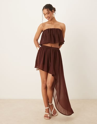 ASOS DESIGN co-ord ruffle semi sheer mini skirt with asymmetric hem in chocolate