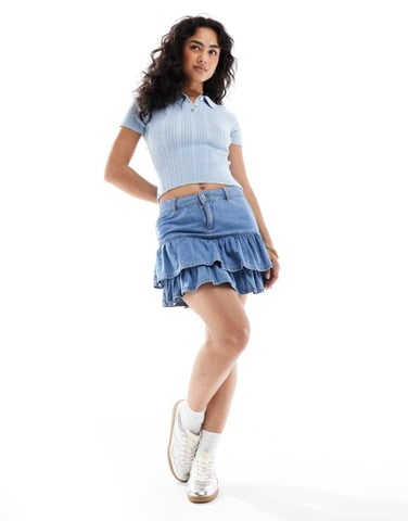 ASOS DESIGN denim mini skirt with ruffle hem in midwash