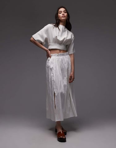 Topshop crinkle cotton laundered full skirt in ivory