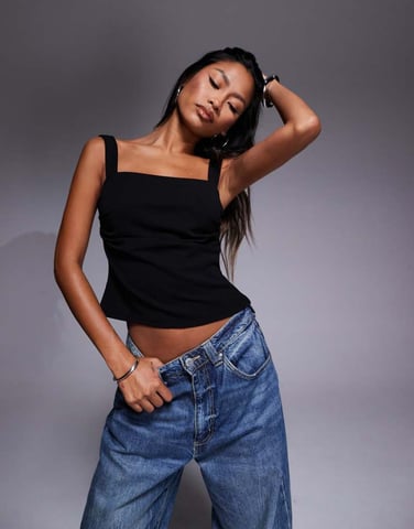 ASOS DESIGN square neck ruched tank top in black