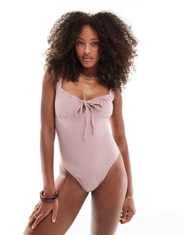 Miss Selfridge broderie texture swimsuit with tie front in dusky pink