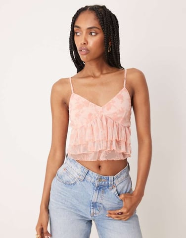 ASOS DESIGN devore mesh ruffle cami top in pastel pink