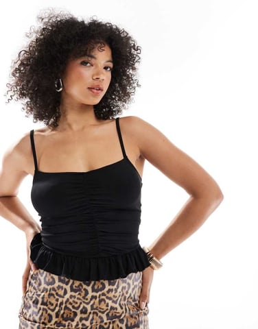 ASOS DESIGN ruched cami with mini frill detail in black