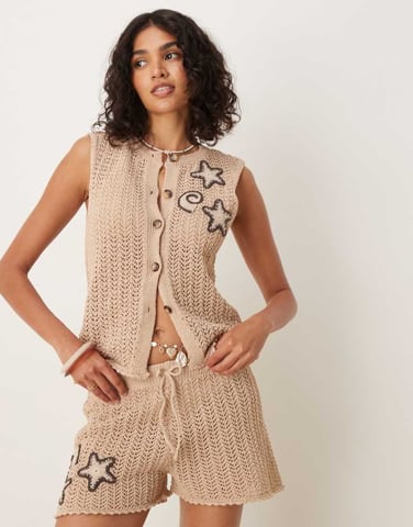 ASOS DESIGN knitted waistcoat co-ord with crochet shells in brown
