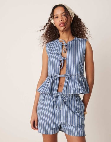 Threadbare co-ord tie front denim stripe waistcoat in blue