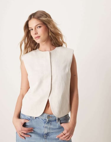 ASOS DESIGN boxy cutaway waistcoat with linen in stone