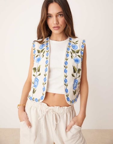 YAS Festival boho floral embroidered open waistcoat in cream and blue