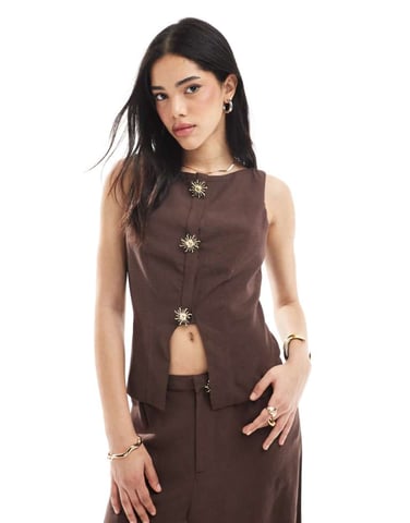 ASOS DESIGN linen blend trim detail waistcoat in chocolate