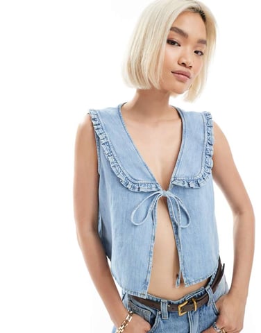 ASOS DESIGN tie front denim waistcoat with frilled collar