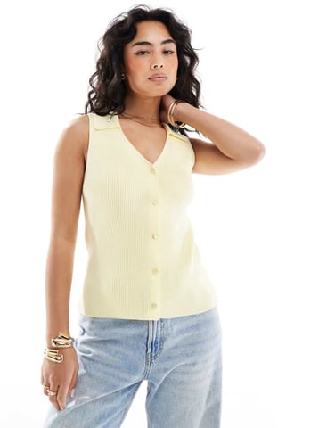 ASOS DESIGN ribbed collared knitted top in buttermilk