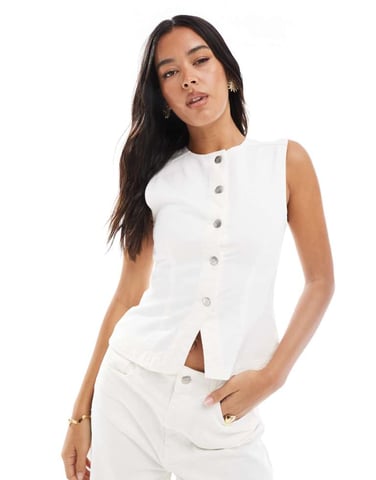Miss Selfridge denim waist coat in ecru wash
