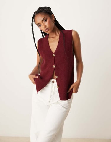 ASOS DESIGN slub knit relaxed fit waistcoat in burgundy