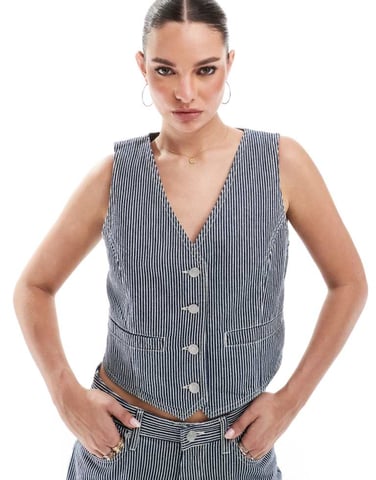 French Connection Everett denim waistcoat co-ord in indigo stripe