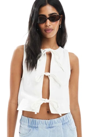 Miss Selfridge tie front denim waistcoat in ecru