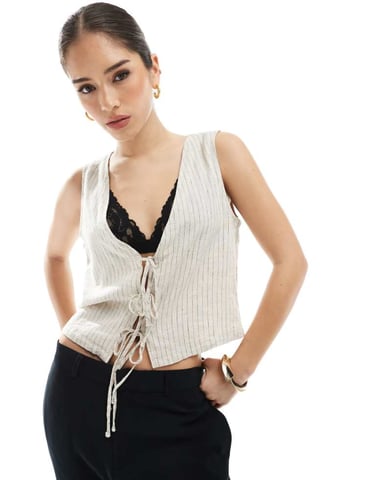 JJXX linen blend tie up waistcoat top in cream stripe