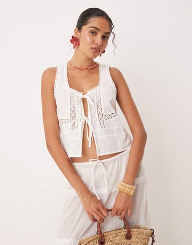 ASOS DESIGN textured lace insert tie front beach top in white