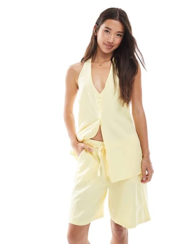 Vero Moda halter neck waistcoat co-ord in pale yellow