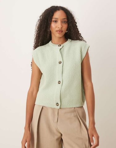 ASOS DESIGN boxy knitted stitch waistcoat with button detail in pistachio