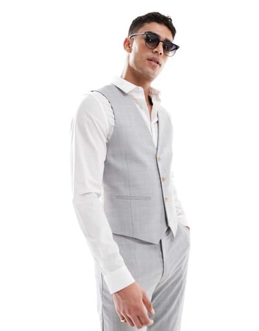 ASOS DESIGN linen blend skinny suit waistcoat in grey tonal check