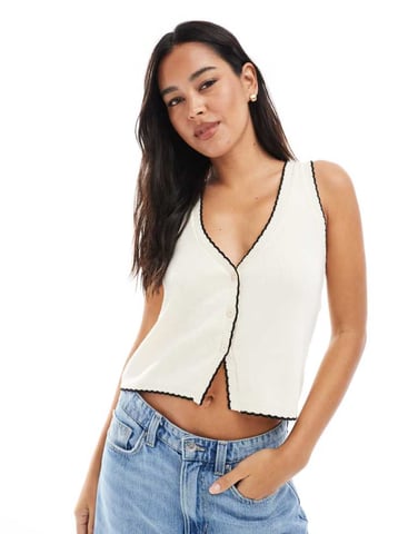 Miss Selfridge knitted contrast blanket stitch waistcoat in cream