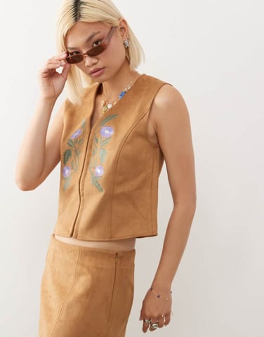 Reclaimed Vintage faux suede festival waistcoat with embroidery in tan co-ord