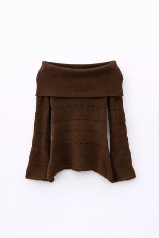 Off Shoulder Textured Ribbed Sweater with Cut Out Details