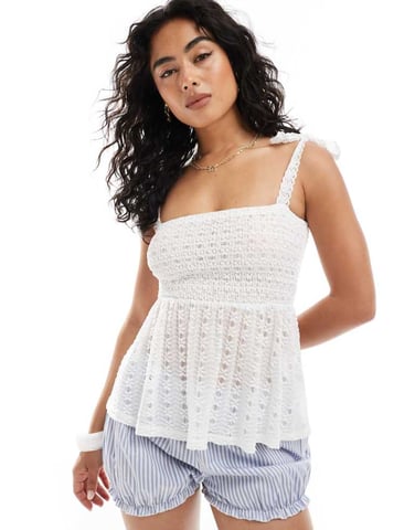 Miss Selfridge textured lace tie shoulder cami top in cream