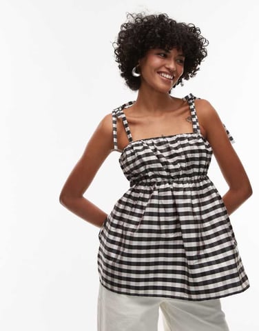 Topshop taffeta babydoll top in mono gingham