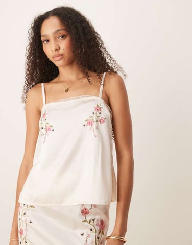ASOS DESIGN flower embroidered satin cami co-ord