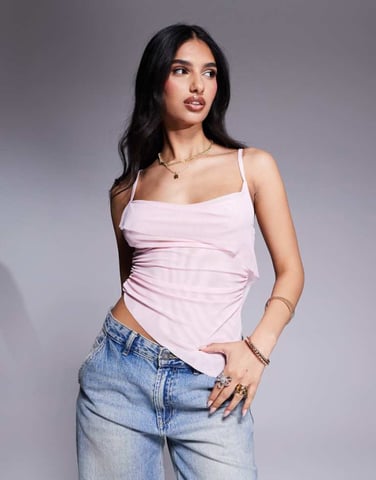 ASOS DESIGN floaty sheer mesh cowl front cami top in pastel pink