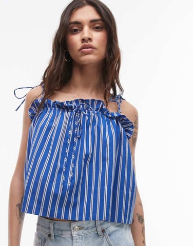 Topshop ruched cami top in blue stripe