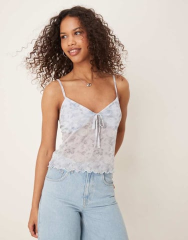 ASOS DESIGN mesh cami bust cup crop top in ditsy floral print