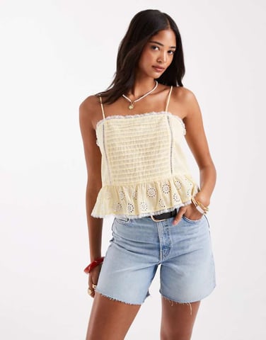 ONLY broderie crop cami in lemon gingham with lace trim